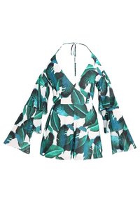 Zelené a bílé šaty s květinovým potiskem, s volnými rukávy a hlubokým výstřihem do V. Vyrobeno z lehké tkaniny s tropickým listovým vzorem.