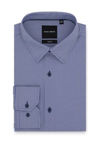 Koszula o slim fit w kolorze granatowym z małym wzorem w kratkę. Posiada kołnierzyk typu spread, zapięcie na guziki z przodu oraz mankiety z jednym guzikiem. Miękka tekstura materiału.