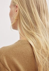 Rudas megztinis su raukinėta apykakle. Ilgi, tiesūs šviesūs plaukai nukrinta ant nugaros. Paprastas fonas su švelniu apšvietimu.