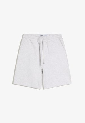 Világosszürke, alkalmi rövidnadrág rugalmas derékpánttal, húzózsinórral és oldalzsebekkel, fehér háttéren laposan elhelyezve.