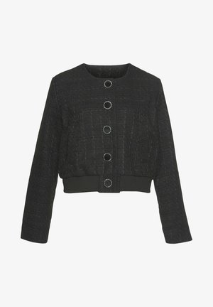 Veste noire texturée courte avec encolure ronde, manches longues, ourlet côtelé, et cinq boutons argentés bordés sur le devant.