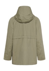 Ženska olivno zelena jakna z ohlapnim krojem in kapuco, s kratko ravno spodnjo robom ter dodatkom na zadnji yoke. Izdelana iz lahkega, strukturovane tkanine.