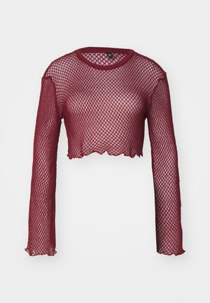 Burgundský crop top z rybárskej siete s dlhými rukávmi, okrúhlym výstrihom a vlnitým lemom. Textúrovaný vzor po celej ploche.