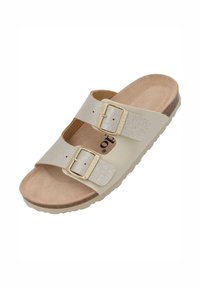 Helle beigefarbene Sandalen mit zwei verstellbaren metallischen goldenen Schnallen und einem glitzernden silbernen Riemen. Weicher Fußbett und strukturierte Gummisohle.