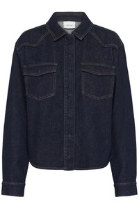 Veste en denim foncé avec un col, fermeture à boutons sur le devant, deux poches poitrine et manches longues. Surpiqûres contrastantes sur l'ensemble.