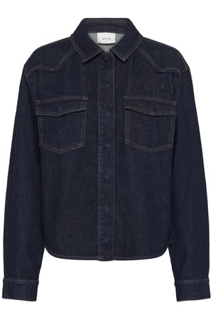 Dark denim jacket with a collared neckline, button-front closure, two chest pockets, and long sleeves. Contrast stitching throughout.
