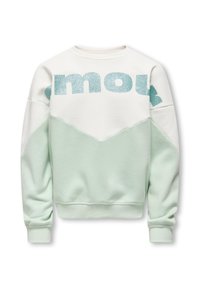 Φούτερ ανοιχτού πράσινου και λευκού χρώματος με γεωμετρικό σχέδιο, που διαθέτει μεγάλα μπλε γράμματα με γκλιτερά στη μπροστινή πλευρά και ριμπ μανσέτες.