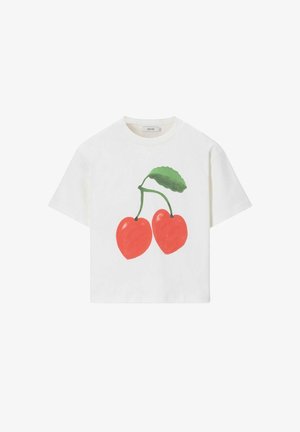 Witte T-shirt met korte mouwen met een grote afbeelding van twee rode kersen verbonden door groene stelen en één groen blad.