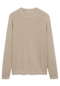 Pull en tricot beige clair avec un col rond, des manches longues et des poignets et un ourlet côtelés. Texture douce avec un motif de tissage subtil.