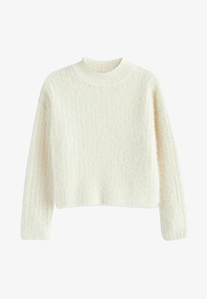 Weißer, taillierter Pullover mit Rippstruktur, langen Ärmeln und hohem Ausschnitt, gefertigt aus einem weichen, flauschigen Material. Besonders bemerkenswert ist seine Wärme.