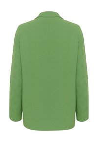 Zelený strukturovaný blazer s klopovým límcem, dlouhými rukávy a hladkou texturou. Zadní část je jednoduchá, bez viditelných zapínání nebo kapes.