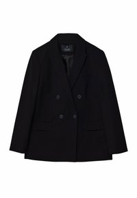 Double-breasted black blazer with two front pockets, notched lapels, and smooth texture. Features black buttons and a satin inner lining.