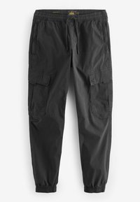 Schwarze Cargo-Hosen aus leichtem Material, mit einem elastischen Bund, Kordelzug und mehreren Seitentaschen. Schmal zulaufendes Bein-Design.