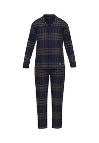 Navy und braunes karierter Schlafanzug aus weichem Stoff, mit einer knopfbaren Bluse mit Kragen und passenden, elastischen Hosenträgern.