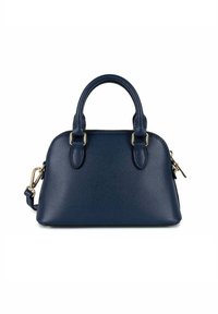 Borsa a tracolla in pelle texture blu navy con doppio manico, tracolla staccabile, hardware dorato e chiusura a zip. Forma compatta e strutturata.