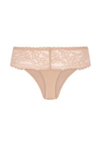 Nude kleur kantstring met bloemenpatroon op de tailleband. Zachte stof, lage taille, met een gladde textuur. Geen extra versieringen.
