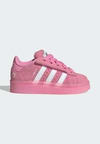 Pink suede sneaker with white stripes, laces, and sole, shoe labeled "CAMPUS," displayed against a plain light background.