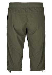 Pantaloni croppati verde oliva con vita elasticizzata, caratterizzati da cuciture inclinate e lacci all'orlo. Realizzati in tessuto leggero.
