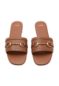 Brown faux leather slides with two wide straps featuring gold hardware and square buckle accents. Flat sole with a smooth texture.