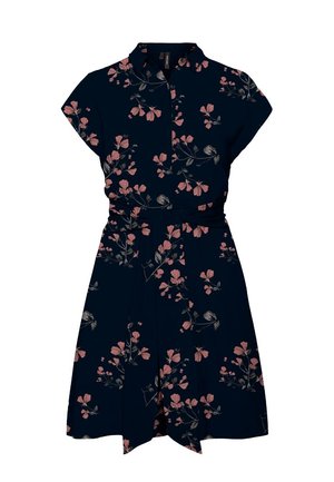 Tengerészkék rövid ujjú ruha galléros nyakrésszel, rózsaszín virágmintával, testhezálló derékkal és térd alá érő szoknyával.