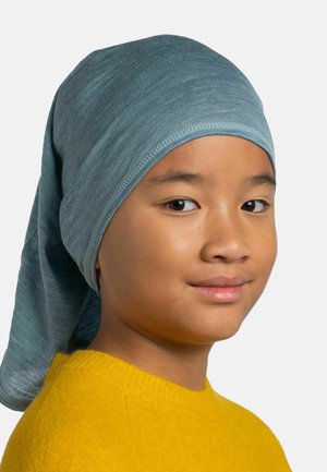 Light blue fabric scarf tied at the back, worn over a head, paired with a bright yellow sweater. Soft texture and smooth finish.