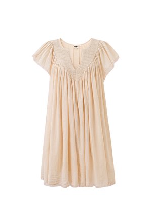 Beiges Kurzarmkleid mit tiefem V-Ausschnitt, gerafftem Passe und fließendem, gerafftem Stoff bis zur Kniehöhe.