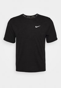 Black short-sleeve Nike running T-shirt with white Nike swoosh logo on chest and "Nike Running" text on inner collar.