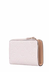 Portafoglio in pelle bianca testurizzata con motivi in rilievo, chiusura a zip e interno color tan con numerosi scomparti per carte.