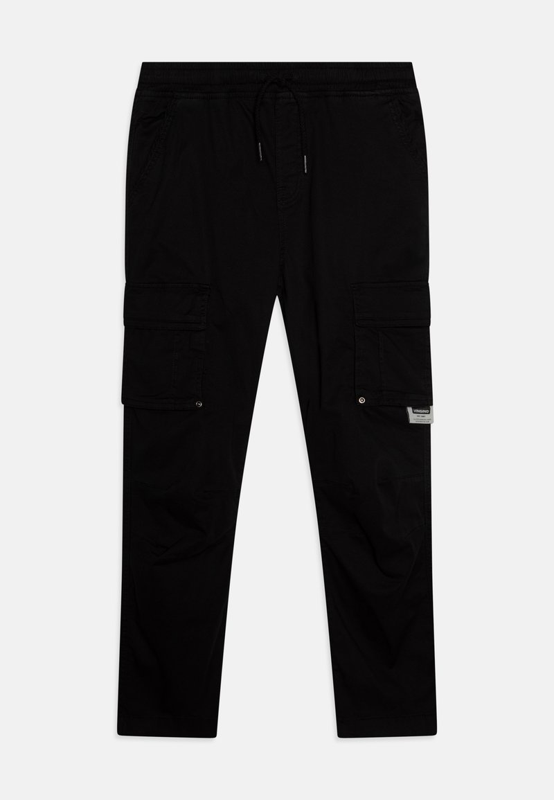 Schwarze Cargo-Hosen mit elastischem Bund und Kordelzug, ausgestattet mit seitlichen Taschen und zwei großen Aufsatztaschen an den Oberschenkeln. Hergestellt aus strapazierfähigem Stoff.