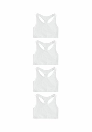 Four white racerback sports bras arranged vertically on a plain white background.