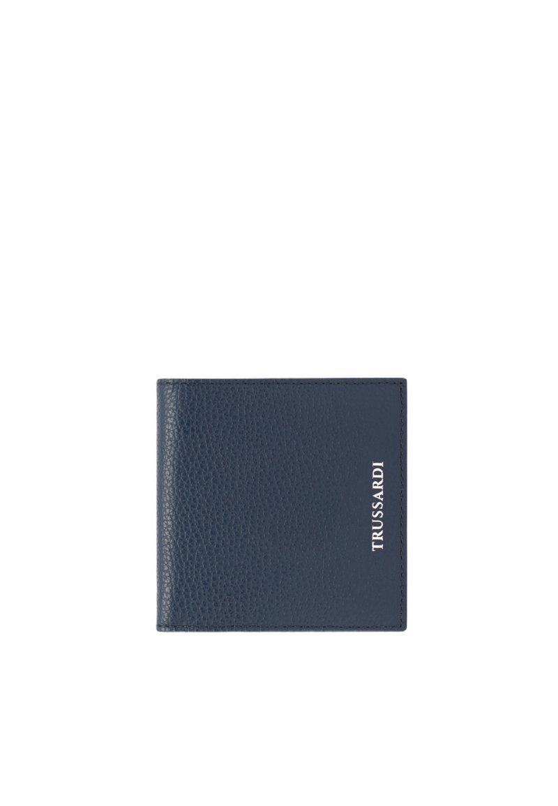 Námornícká kožená peněženka s texturovaným povrchem, dvouvrstvý design a embosované logo "TRUSSARDI" v bílé na přední straně, s čistými okraji.