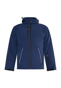 Tengerészkék softshell dzseki kapucnival, cipzáras zsebekkel, rugalmas mandzsettákkal és fényvisszaverő elemekkel a láthatóság érdekében.