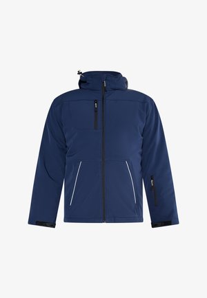 Giacca softshell blu navy con cappuccio, dotata di tasche con zip, polsini elastici e dettagli riflettenti per una maggiore visibilità.