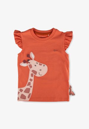 Oranges Kleinkinderhemd mit gerafften Ärmeln, das eine lächelnde Giraffen-Grafik und ein kleines, giraffenförmiges Stoffetikett an der Seite zeigt.