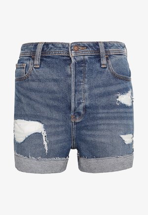 Blauwe denim short met opgerolde zomen, voorzakken, lussen voor riem, knoopsluiting en versleten stukken aan de voorkant.
