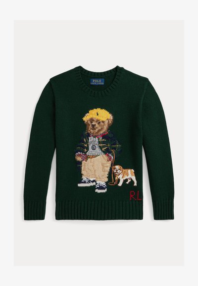 Zelen pulover iz pletenine z vezenim medvedom v rumeni kapici in karirastem oblačilu, ki drži psa. "R.L." je vezen z rdečo nitjo.