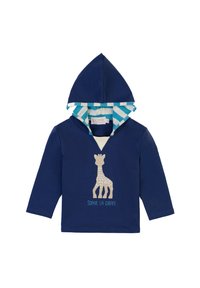 Felpa blu navy con maniche lunghe, con una grafica di una giraffa bianca e il testo "Sophie La Girafe". Fodera a righe blu chiaro nel cappuccio.