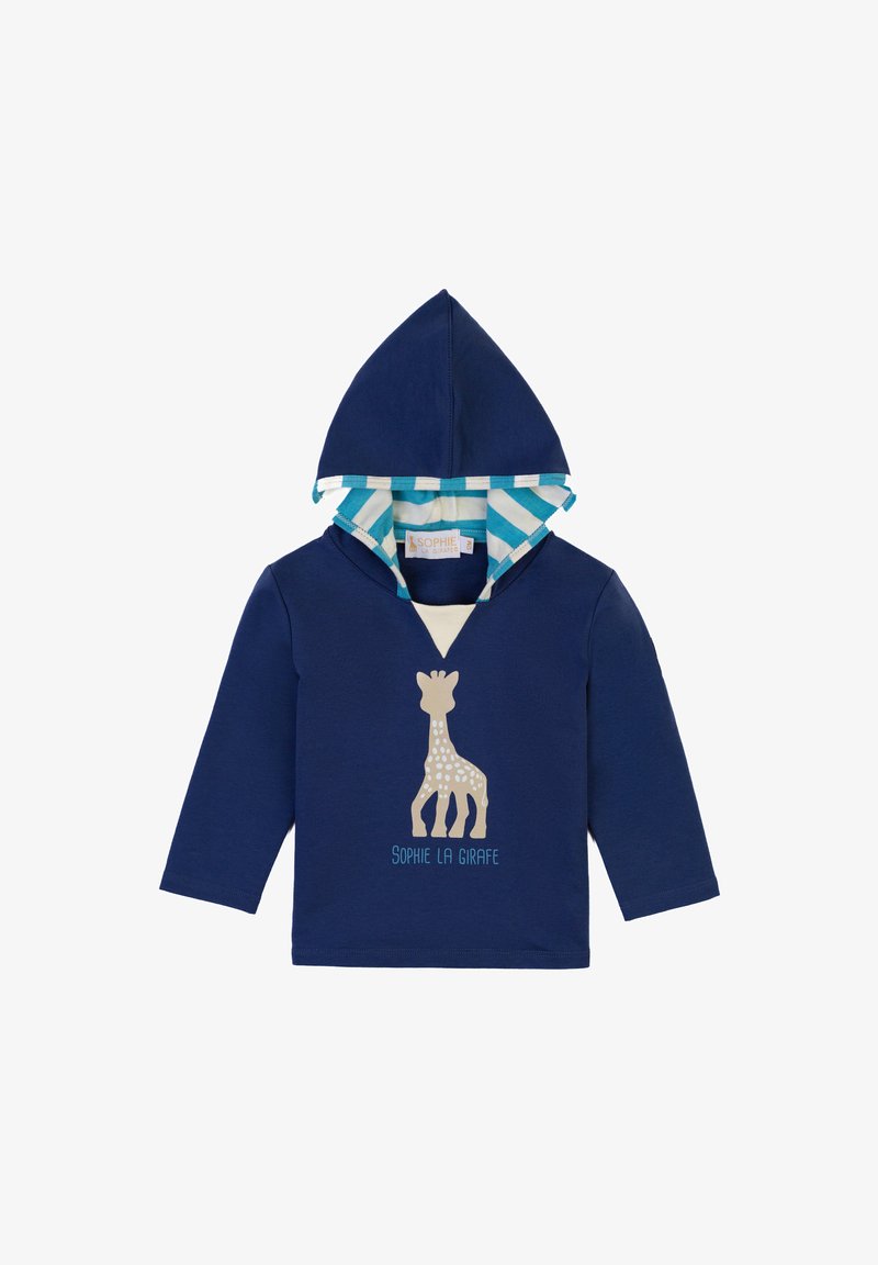 Felpa blu navy con maniche lunghe, con una grafica di una giraffa bianca e il testo "Sophie La Girafe". Fodera a righe blu chiaro nel cappuccio.