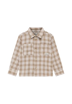 Camisa de manga larga con botones, con patrón de cuadros en beige, blanco y marrón claro y dos bolsillos en el pecho, colocada plana sobre fondo blanco.