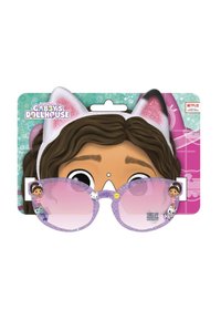 Purple glitter sunglasses with pink tinted lenses, featuring a cat-ear design on the top and character decals on the sides. 100% UV protection.