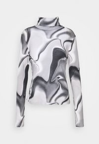 Enganliegende Langarm-Turtleneck-Bluse aus einem glatten Stoff mit einem schwarz-weißen abstrakten Marmor-Muster. Weiche Textur, nahtlose Verarbeitung.