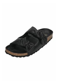 Black, slip-on sandals with two textured bows on the top, cork footbed, and a patterned, flexible rubber sole.