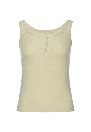 Ärmelloses beiges geripptes Tanktop mit rundem Ausschnitt und drei Knöpfen in der vorderen Mitte.