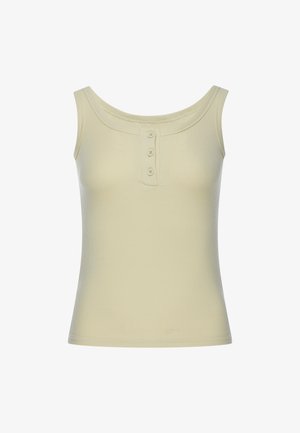 Ärmelloses beiges geripptes Tanktop mit rundem Ausschnitt und drei Knöpfen in der vorderen Mitte.