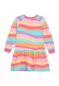 Langärmliges Kleid mit einem mehrlagigen Rock, der wellenförmige Streifen in Rosa, Orange, Blau und Lila auf einem weichen Stoff zeigt. Rippbündchen an den Ärmeln und am Ausschnitt.