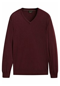 Bordeaux trui met een v-hals ontwerp, lange mouwen, ribbelrompen en -zoom. Gemaakt van zachte stof met een gladde textuur. Geen zichtbare patronen of accenten.