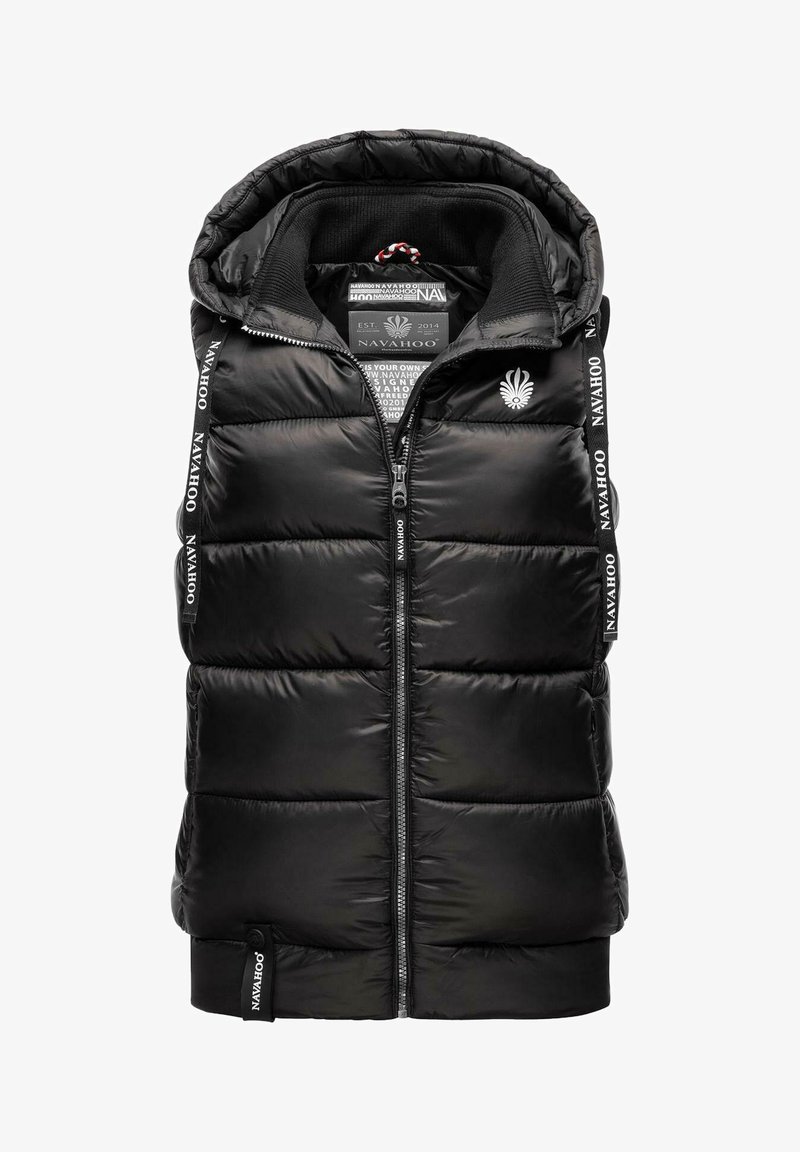 Black padded vest with a hood, featuring a front zipper, textured fabric, and side branding accents. Notable stitching patterns visible.