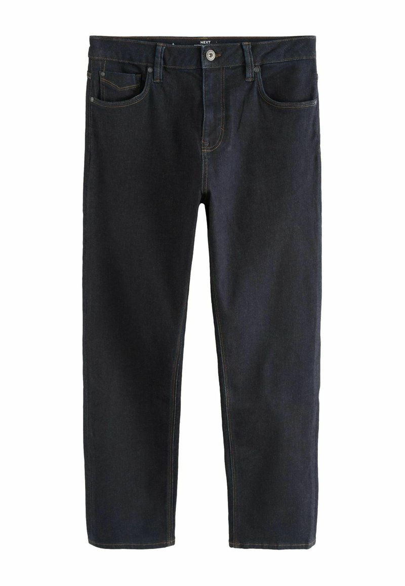 Mørkeblå denim jeans med lige ben-design. Funktioner inkluderer en knaplukning, fem lommer og kontrasterende syninger.