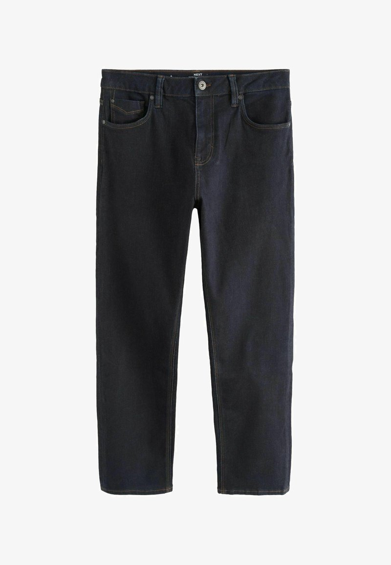 Mørkeblå denim jeans med lige ben-design. Funktioner inkluderer en knaplukning, fem lommer og kontrasterende syninger.