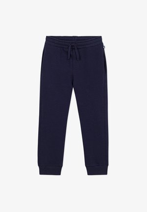 Marineblaue Jogginghose mit elastischem Bund und Kordelzug, Seitentaschen und gerippten Bündchen vor weißem Hintergrund.